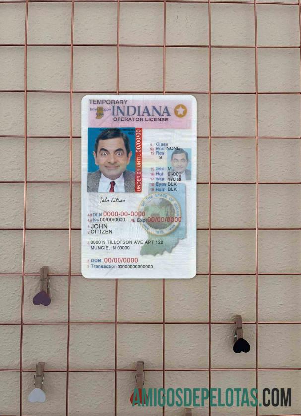 Carteira de motorista (operador) dos EUA Indiana para menores de 21 anos fotolook frente exemplo